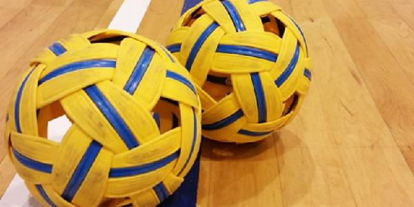 Close up of Sepak Takraw ball or rattan ball on the floor