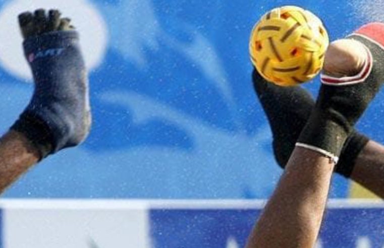 Image Showing sepak-takraw players kick with ball and net